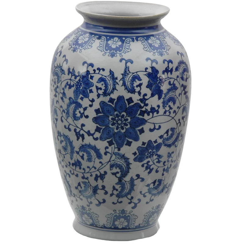 Oriental Furniture 35.5cm Floral Blue White Porcelain Vase Tung Chi