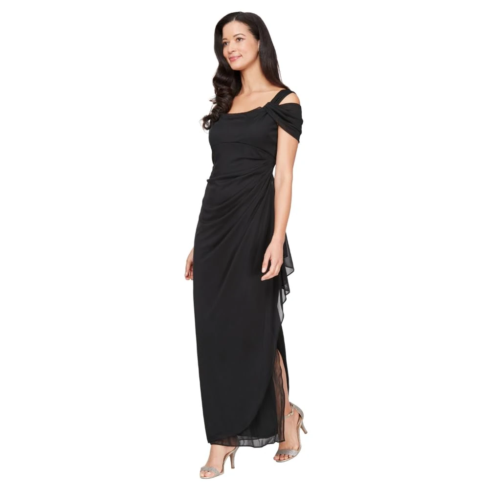 Alex Evenings womensLong Cold Shoulder Dress (Petite and Regular Sizes) Short-Sleeve Special Occasion Dress - Black - 10