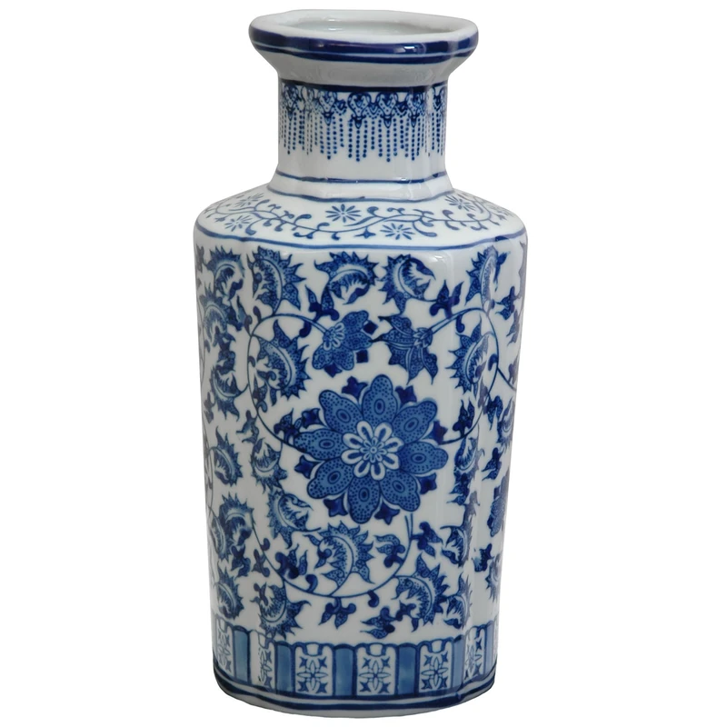 Oriental Furniture 12" Floral Blue & White Porcelain Vase