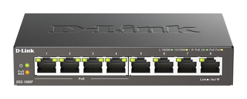 D-Link DGS-1008P/B 8-Port Gigabit Unmanaged Metal Switch with 80W across 4PoE ports, Black