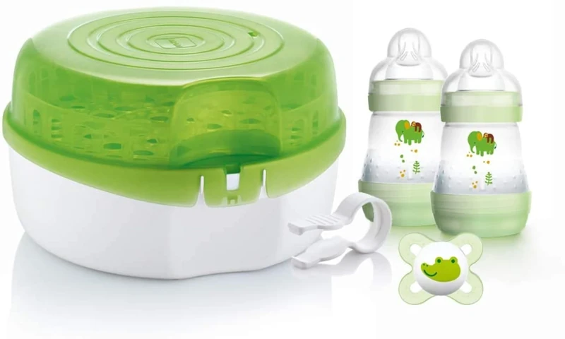 MAM Microwave Steriliser | Comes with 2X MAM Easy Start Anti-Colic Bottle and Soother | for Quick and Easy Steam Sterilisation | Sterilises 6X Bottles in 5 Minutes | Baby Accessories