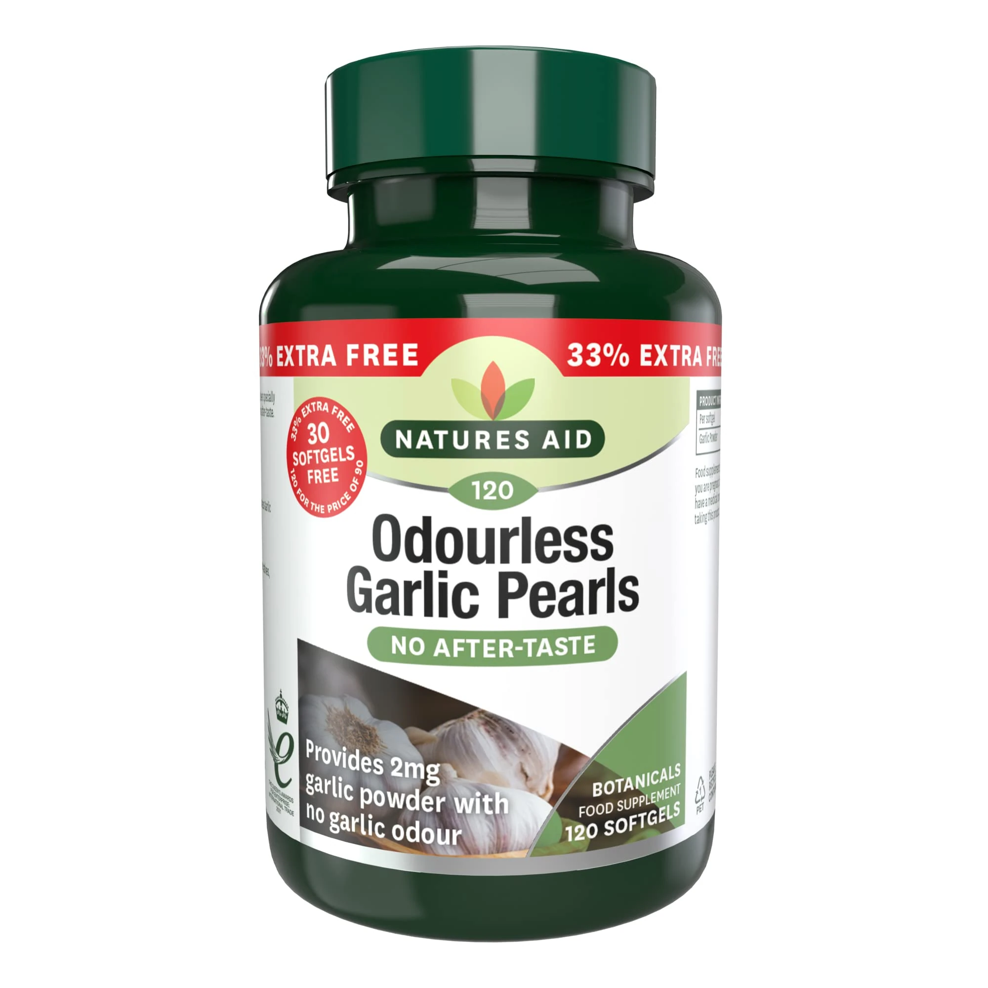 Natures Aid Odourless Garlic Pearls - Supports Heart Health and Circulation - Antioxidant - Non-GMO, Gluten-Free - One-a-Day Easy to Swallow, Tasteless Supplement - 120 Softgel Capsules
