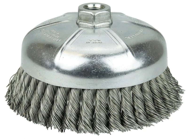 Weiler 12356 Wire Cup Brush, Threaded Hole, Steel, Partial Twist Knotted, Single Row, 6" Diameter, 0.014" Wire Diameter, 5/8"-11 Arbor, 1-3/8" Bristle Length, 6600 rpm