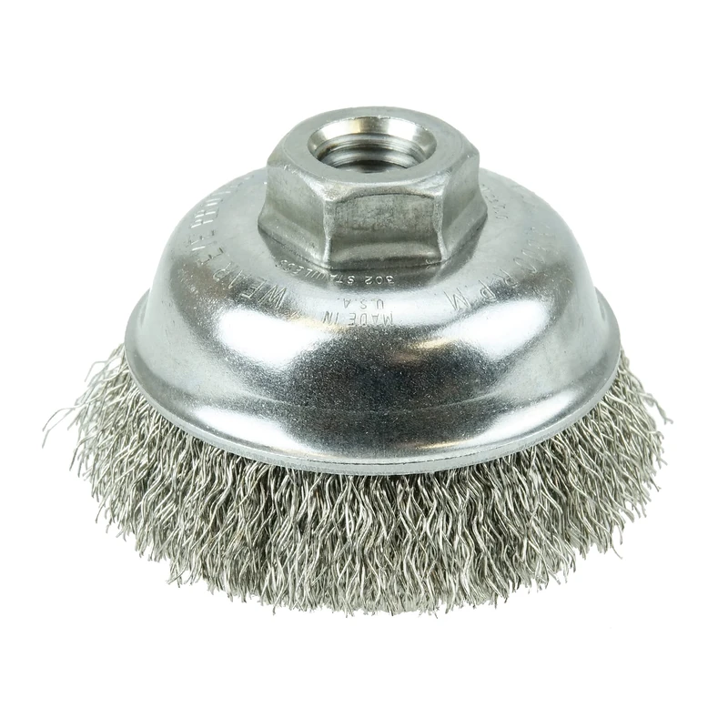 Weiler 13188 5/8"-11 Arbor, 0.014" Wire Size, 3-1/2" Diameter, 302 Stainless Steel Bristles, Crimped Wire Cup Brush