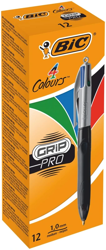 BIC 4 Colours Grip Pro Retractable Medium Point (1.0 mm) Ballpoint Pens, 12 Pens And Each Pen Contains 4 Colours