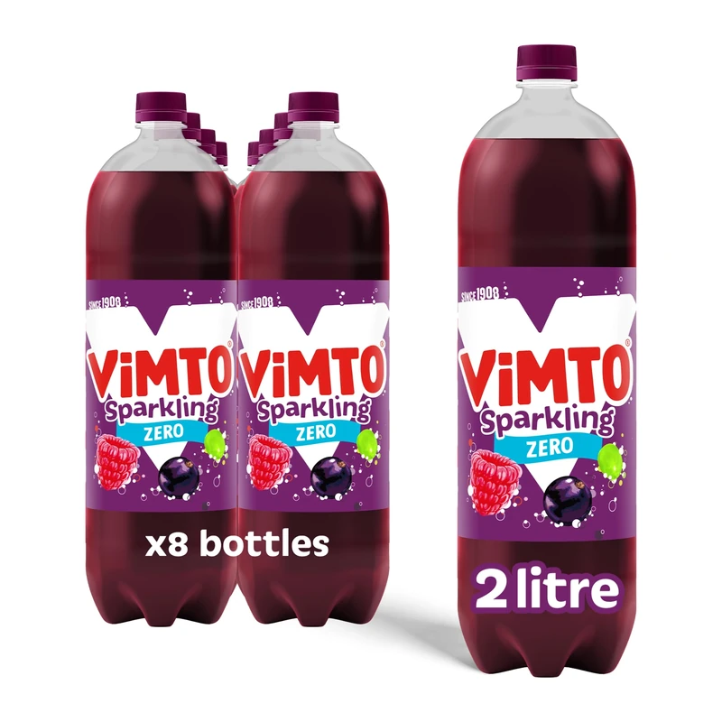 Vimto Original No Added Sugar Real Fruit, Blackcurrant, Grape, Raspberry Fizzy Sparkling 2L drink (pack of 8)