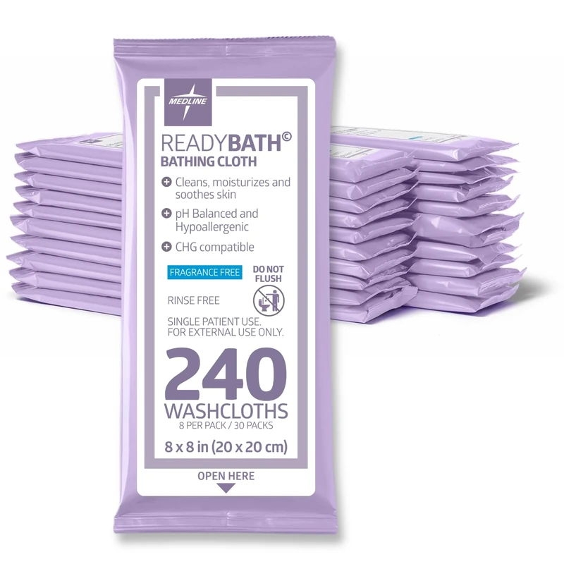 Medline ReadyBath Unscented Body Cleansing Cloths, Standard Weight Wipes (8 Count Pack, 30 Packs)