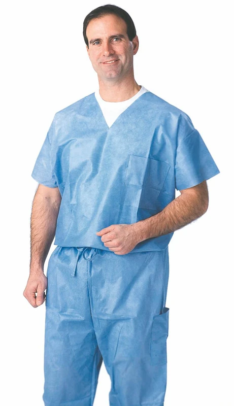 Medline NON27202M Disposable Scrub Shirts, Medium, Blue (Pack of 30) - Image 1