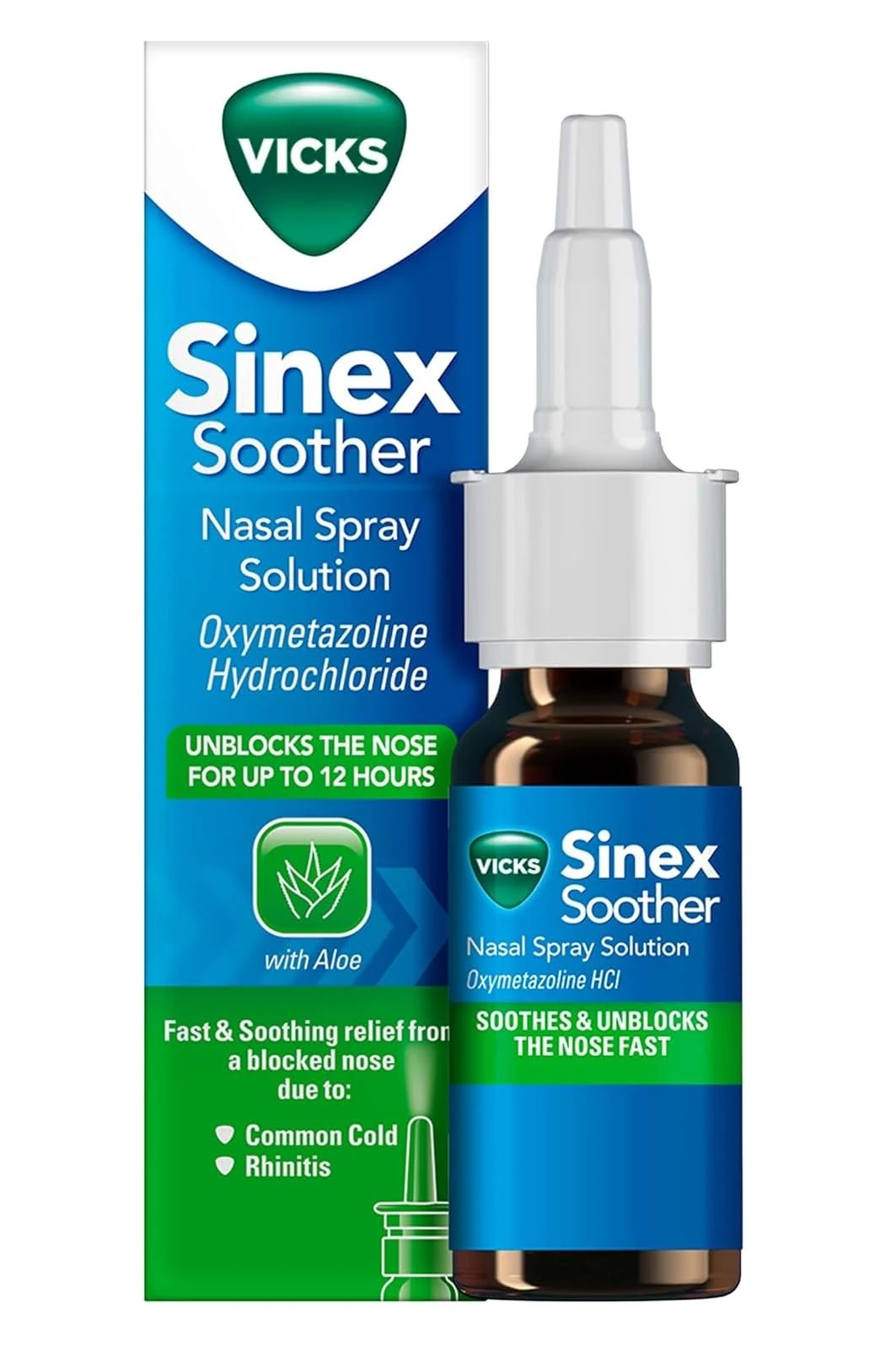Vicks Nose Spray, Sinex Soother, Decongestant Nasal Spray For Blocked Nose Due To Cold Or Rhinitis, With Aloe Vera, Natural Eucalyptus Extract, Blocked Nose Relief With A Menthol Scent, 15 ml