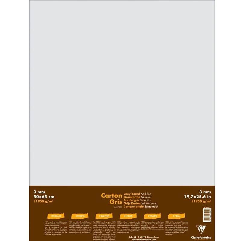 Clairefontaine - Ref 93995C - Recycled Grey Board (Pack of 5 Sheets) - 50 x 65cm Size, 1950gsm, 3mm Thick - Suitable for Framing, Mounting, Binding, Backing