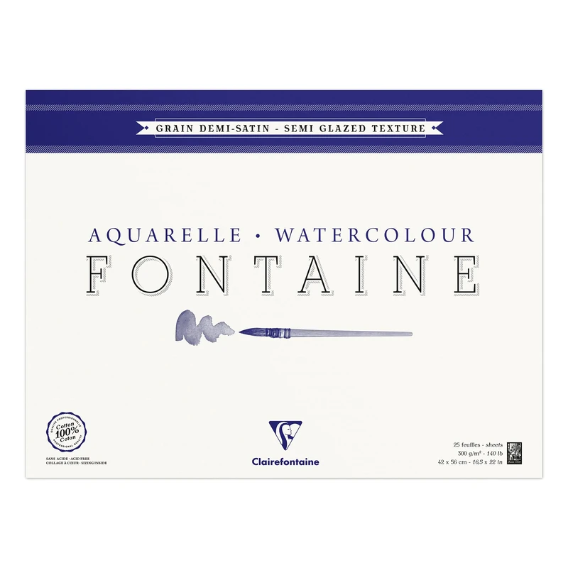 Clairefontaine - Ref 96409C - Fontaine Semi Hot Pressed Watercolour Glued Pad (25 Sheets) - 42 x 56cm Size, 300gsm Paper - Suitable for Watercolour Artwork
