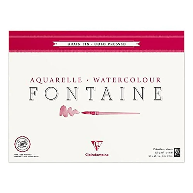 Clairefontaine - Ref 96416C - Fontaine Cold Pressed Watercolour Glued Pad (25 Sheets) - 36 x 48cm Size, 300gsm Paper - Suitable for Watercolour Artwork