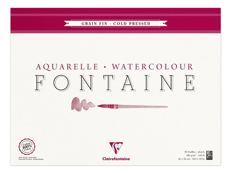 Clairefontaine - Ref 96417C - Fontaine Cold Pressed Watercolour Glued Pad (25 Sheets) - 42 x 56cm Size, 300gsm Paper - Suitable for Watercolour Artwork
