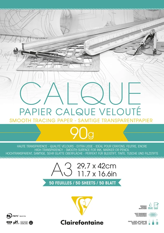 Clairefontaine - Ref 97134C - Tracing Paper Pad (50 Sheets) - A3 Sized, 90/95g, High Transparency, Smooth Surface, Acid Free, Printable - Suitable for Ink, Marker & Pencil