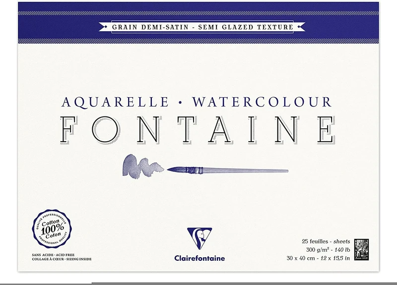 Clairefontaine - Ref 96407C - Fontaine Semi Hot Pressed Watercolour Glued Pad (25 Sheets) - 30 x 40cm Size, 300gsm Paper - Suitable for Watercolour Artwork