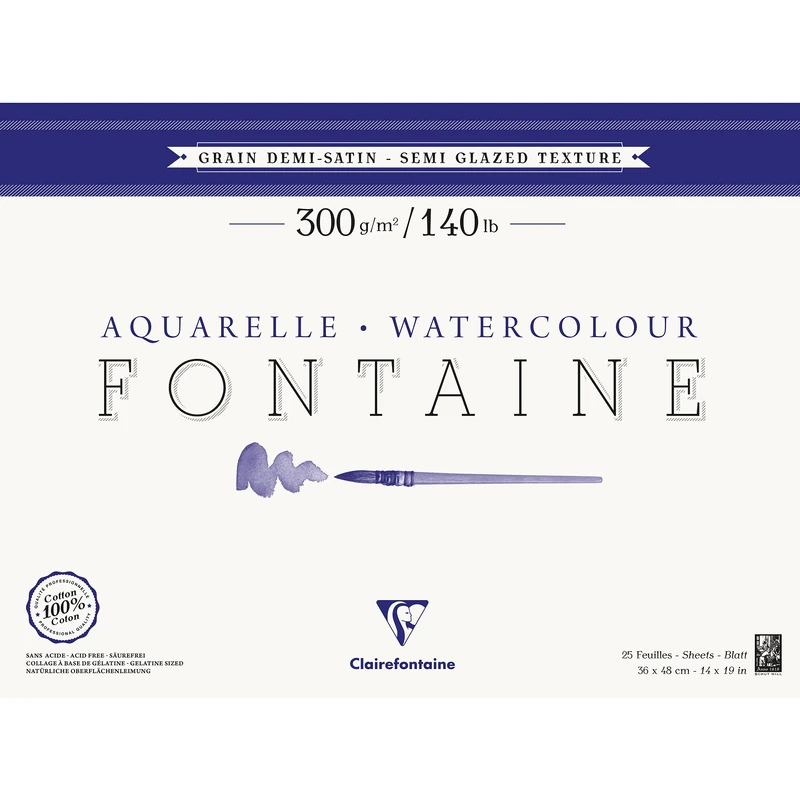 Clairefontaine - Ref 96408C - Fontaine Semi Hot Pressed Watercolour Glued Pad (25 Sheets) - 36 x 48cm Size, 300gsm Paper - Suitable for Watercolour Artwork