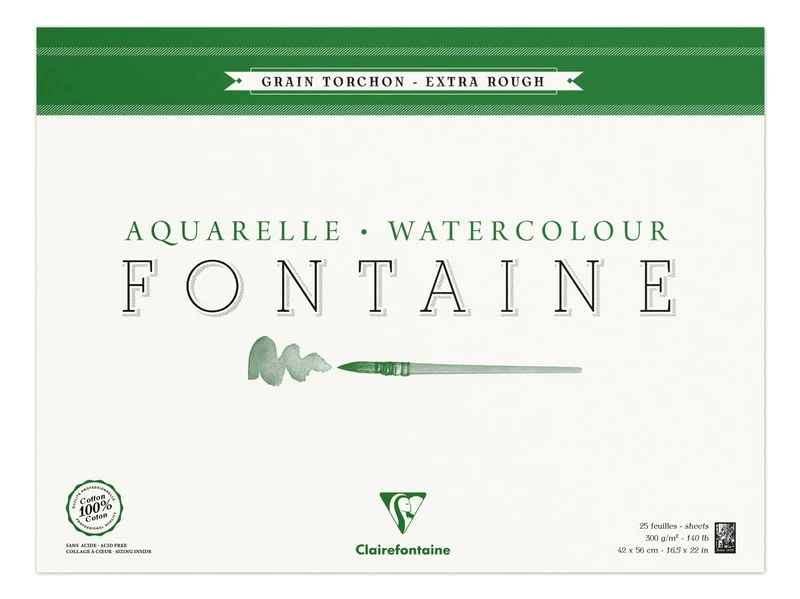 Clairefontaine - Ref 96432C - Fontaine Extra Rough Watercolour Glued Pad (25 Sheets) - 42 x 56cm Size, 300gsm Paper - Suitable for Watercolour Artwork