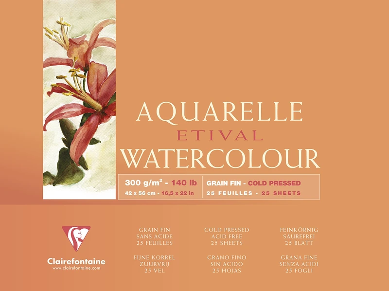 Clairefontaine - Ref 96474C - Etival Cold Pressed Glued Watercolour Painting & Drawing Pad (10 Sheets of Paper) - 42 x 56cm - 300gsm Cellulose Art Paper
