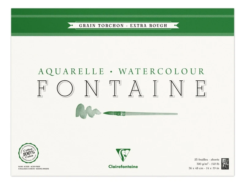 Clairefontaine - Ref 96431C - Fontaine Extra Rough Watercolour Glued Pad (25 Sheets) - 36 x 48cm Size, 300gsm Paper - Suitable for Watercolour Artwork