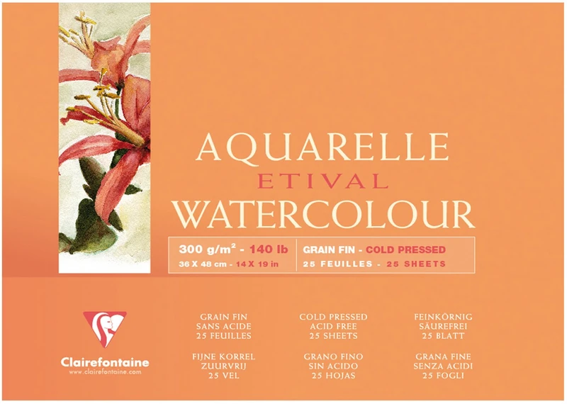 Clairefontaine - Ref 96473C - Etival Cold Pressed Glued Watercolour Painting & Drawing Pad (10 Sheets of Paper) - 36 x 48cm - 300gsm Cellulose Art Paper
