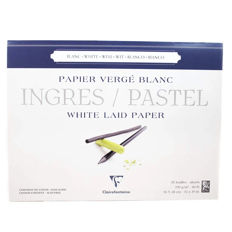 Clairefontaine - Ref 96484C - Ingres White Pastel Glued Laid Paper Pad (Pack of 25 Sheets) - 36 x 48cm, 130gsm Tinted Cotton, Top Glue Bound - Suitable for Dry Techniques