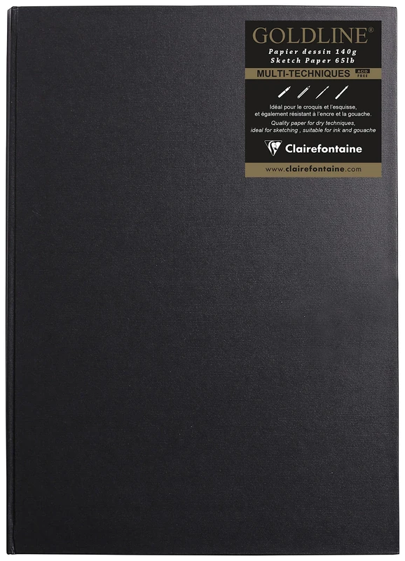 Clairefontaine - Ref 34241C - Goldline Casebound Pad (64 White Sheets) - A3 (420 x 297mm) Size, 140gsm Paper, Portrait Layout - Black Cover - Suitable for Dry Techniques