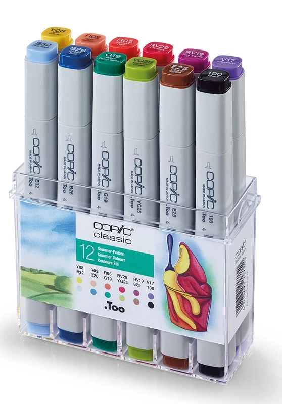 Copic Classic Coloured Marker Pen - Set of 12 Summer, For Art & Crafts, Colouring, Graphics, Highlighter, Design, Anime, Professional & Beginners, Art Supplies & Colouring Books