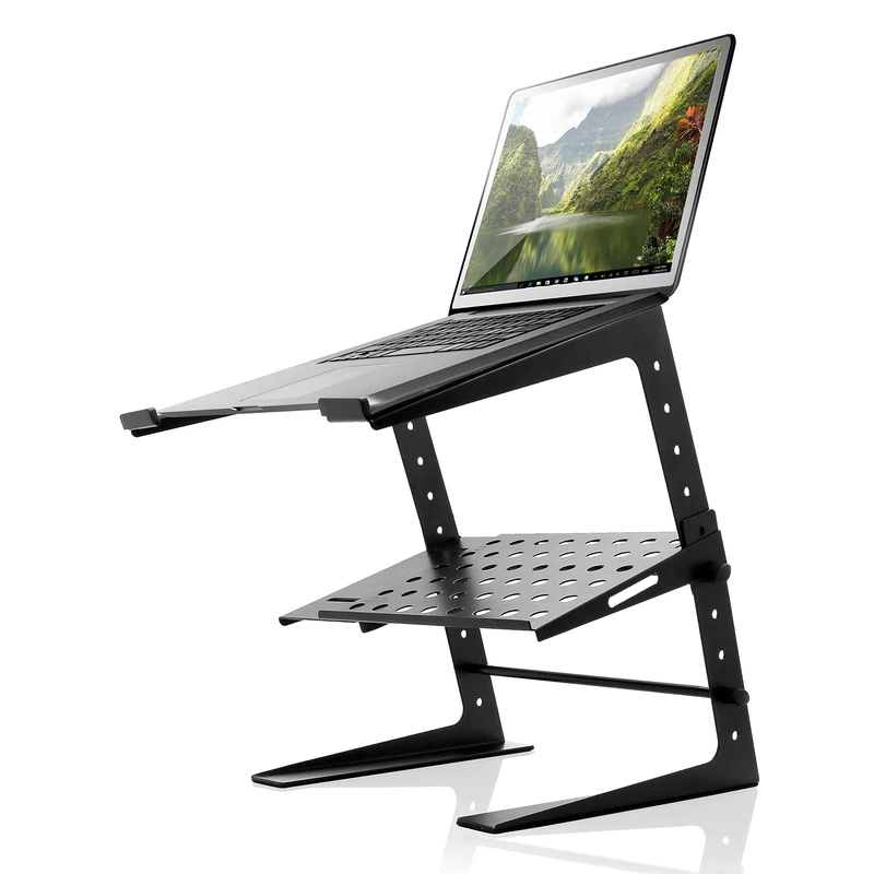 Pyle Portable Adjustable Laptop Stand - 6.3 to 10.9 Inch Standing Table Monitor or Computer Desk Workstation Riser with Shelf Storage and Height Alignment for DJ, PC, Gaming, Home or Office - PLPTS26