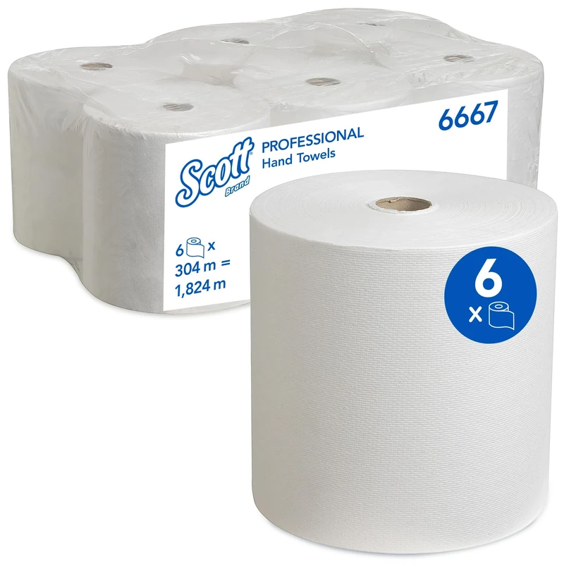Scott® Rolled Paper Hand Towels 6667 – White 1-Ply Extra Absorbent, Tear-Resistant Paper Towels for Efficient Hand Drying – 6 Rolls x 304m (1,824m Total)