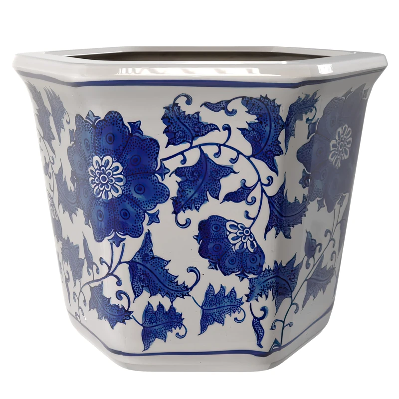 Red Lantern Oriental Furniture 10" Floral Blue & White Porcelain Flower Pot