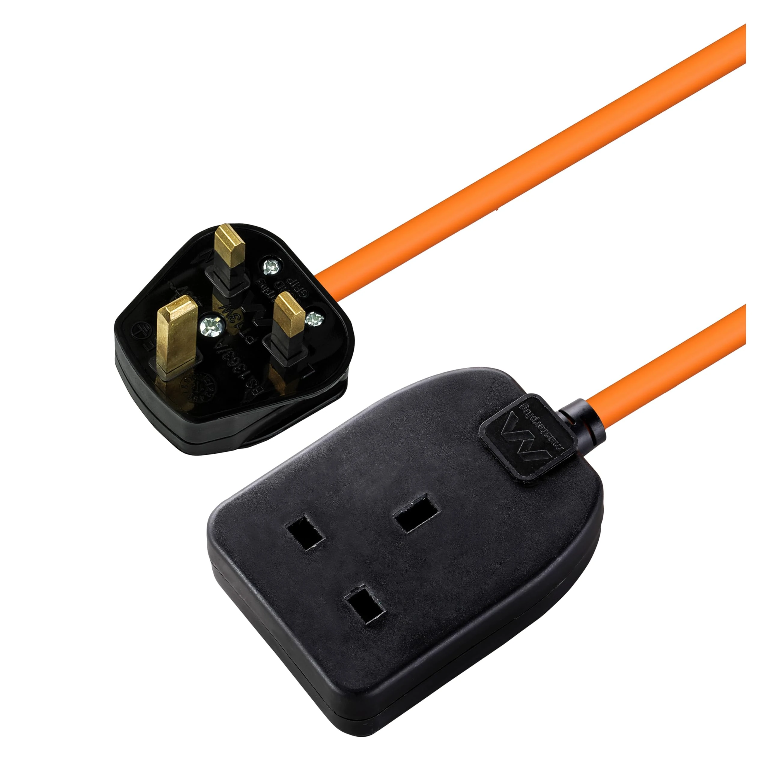 Masterplug One Socket Single Outdoor Extension Lead, 10 Metre Cable, Cable Tidy, Unswitched, Heavy Duty, Rewireable, 1-Way Plug Extension Cable, Orange, 13A, 1G, 10m, BOG10O