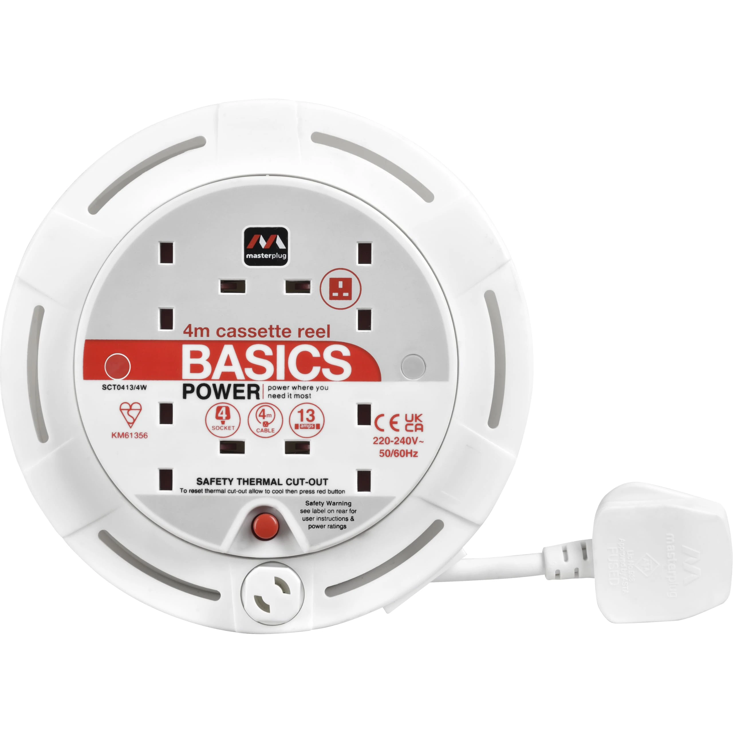 Masterplug Four Socket, 4 Metre Cassette Reel, Small Extension Lead Cable Reel, Wind-Up Retractable Power Cord Reel, Thermal Cut Out, Basic Power, White, 13A, 4G, 4m, SCT0413/4W