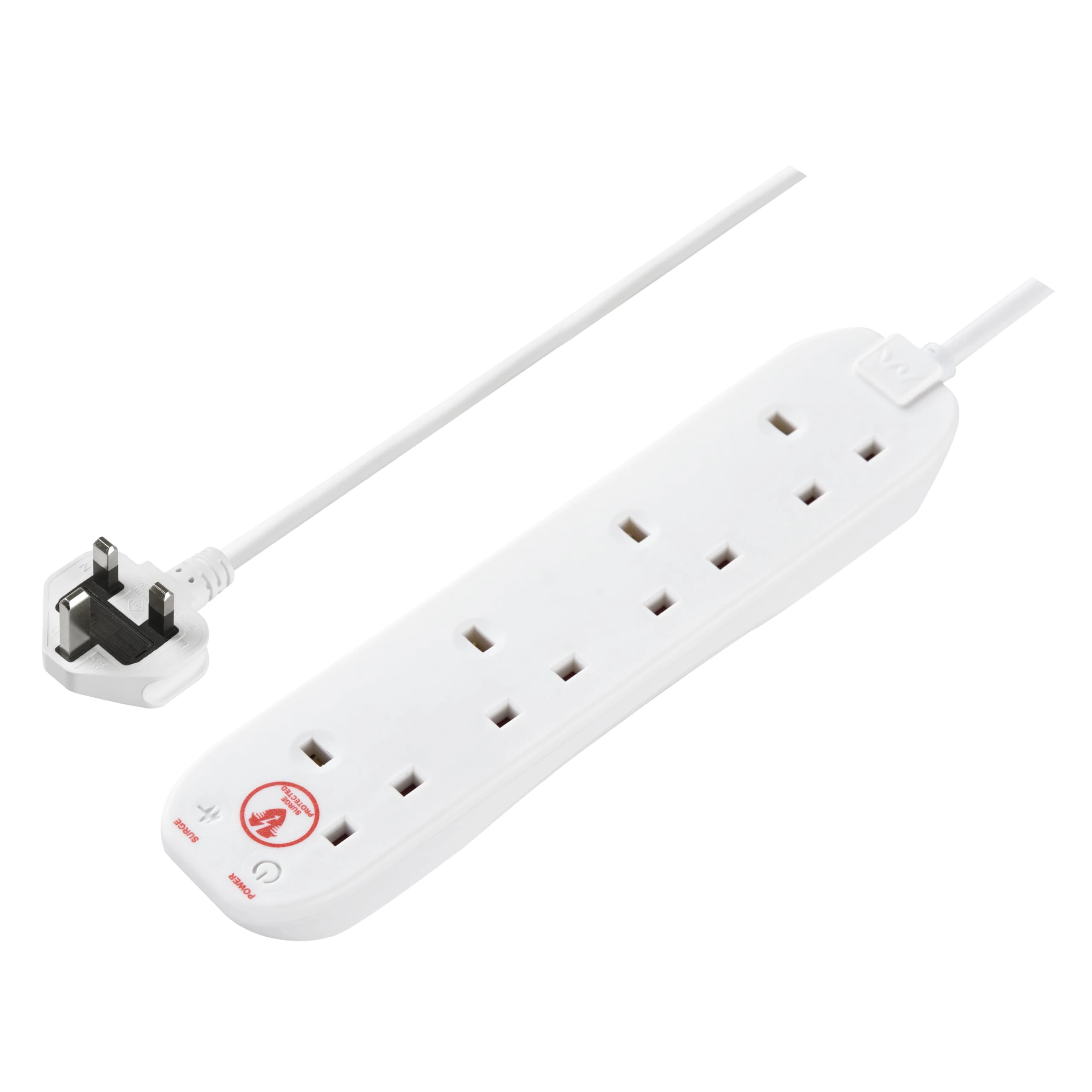 Masterplug Four Socket Extension Lead, 4 Metre Cable, Surge Protection, Power and Surge LED Indicators, Unswitched, 4-Way Plug Extension Cable, Power Strip, White, 13A, 4G, 4m, SRG44N