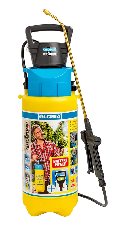 GLORIA Haus- und Gartengeräte GmbH Auto AutoPump Set, 5 litres Pressure Sprayer with Integrated Electric Pump, Yellow Blue