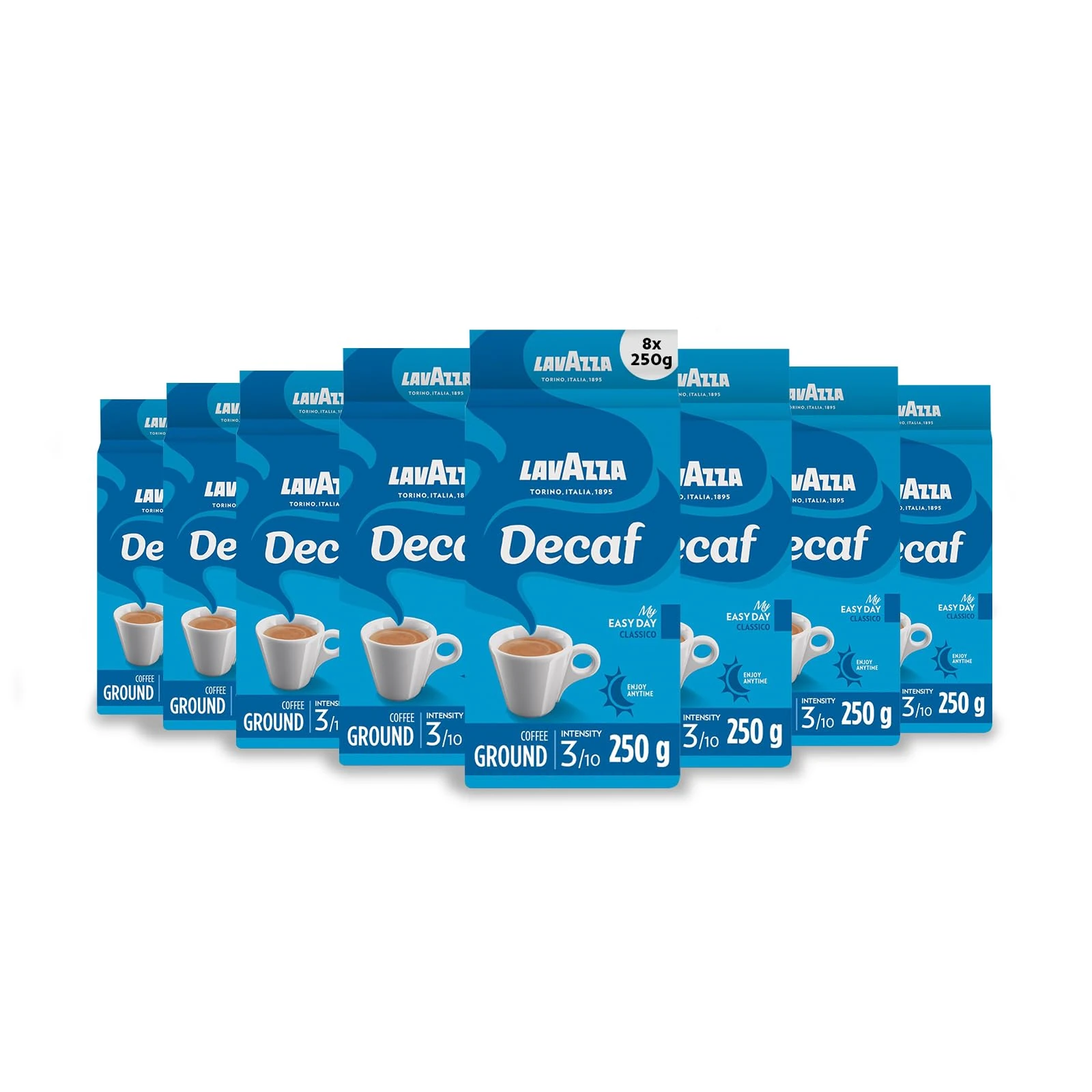 Lavazza, Caffè Decaffeinato, Ground Coffee, 8 Packs of 250 g, Ideal for Moka Pot, Filter Machine and French Press, Aromatic Notes of Dried Fruits, Arabica and Robusta, Intensity 3/10, Medium Roasting