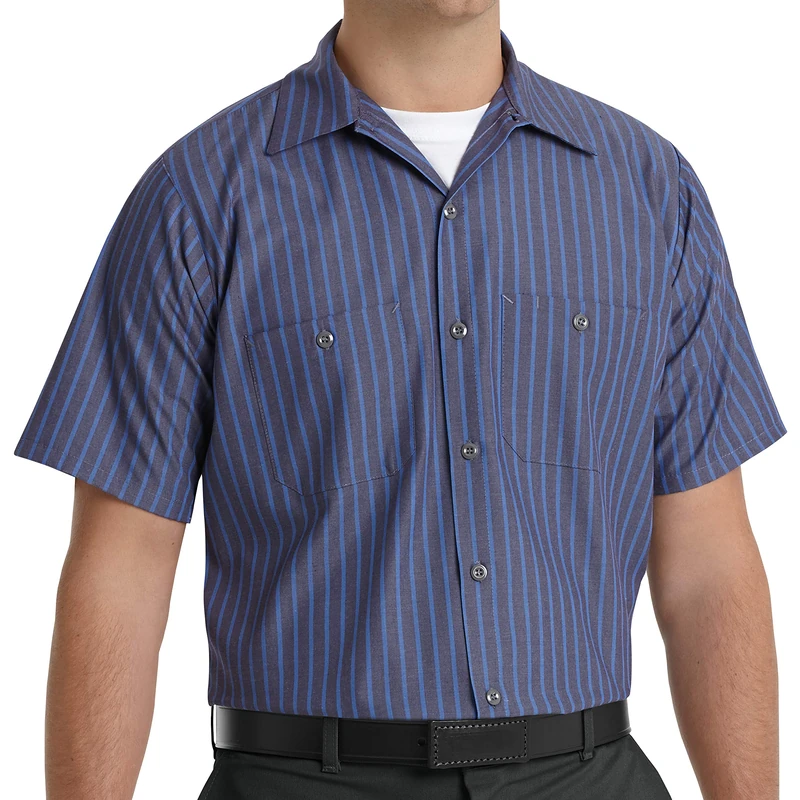 Red Kap Men's Performance Tech Shirt with Pencil Stall, 3Grey/Blue Stripe, Shorts Sleeve S