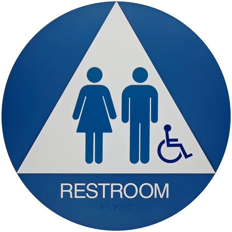 Brady 106184 11 Width x 10 Height Plastic, White on Blue California/ADA Restroom Sign, Legend Restroom - Image 1
