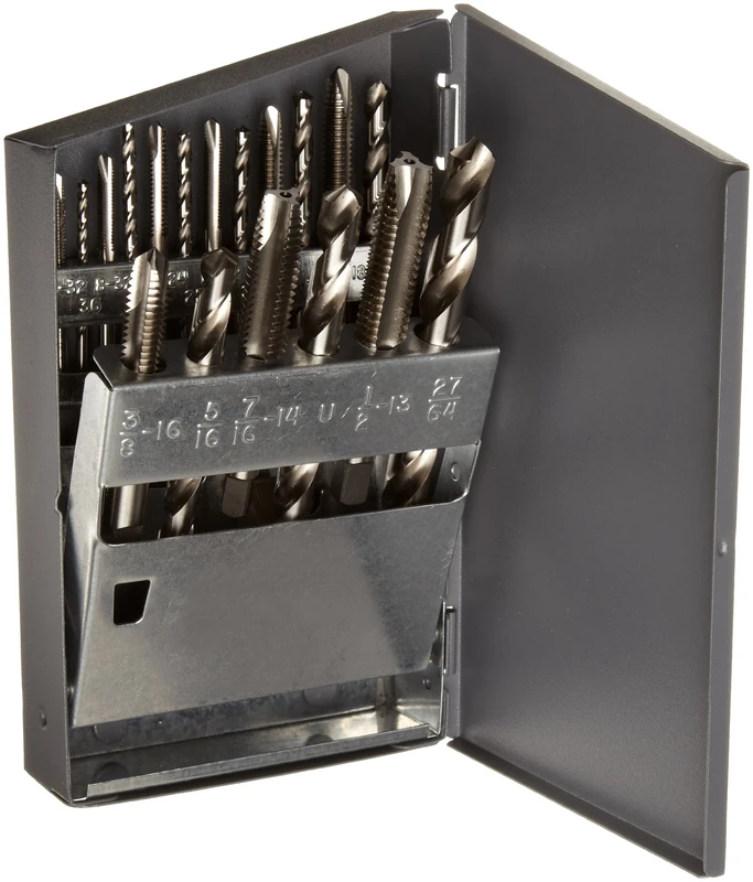 Chicago Latrobe 52581 GT18 High-Speed Steel Jobber Length Drill Bit and Spiral Point Tap Set with Metal Case, Uncoated (Bright) Finish, 18-piece, Wire Size, Letter, Inch, 6-32 to 1/2"-13 Tap Sizes