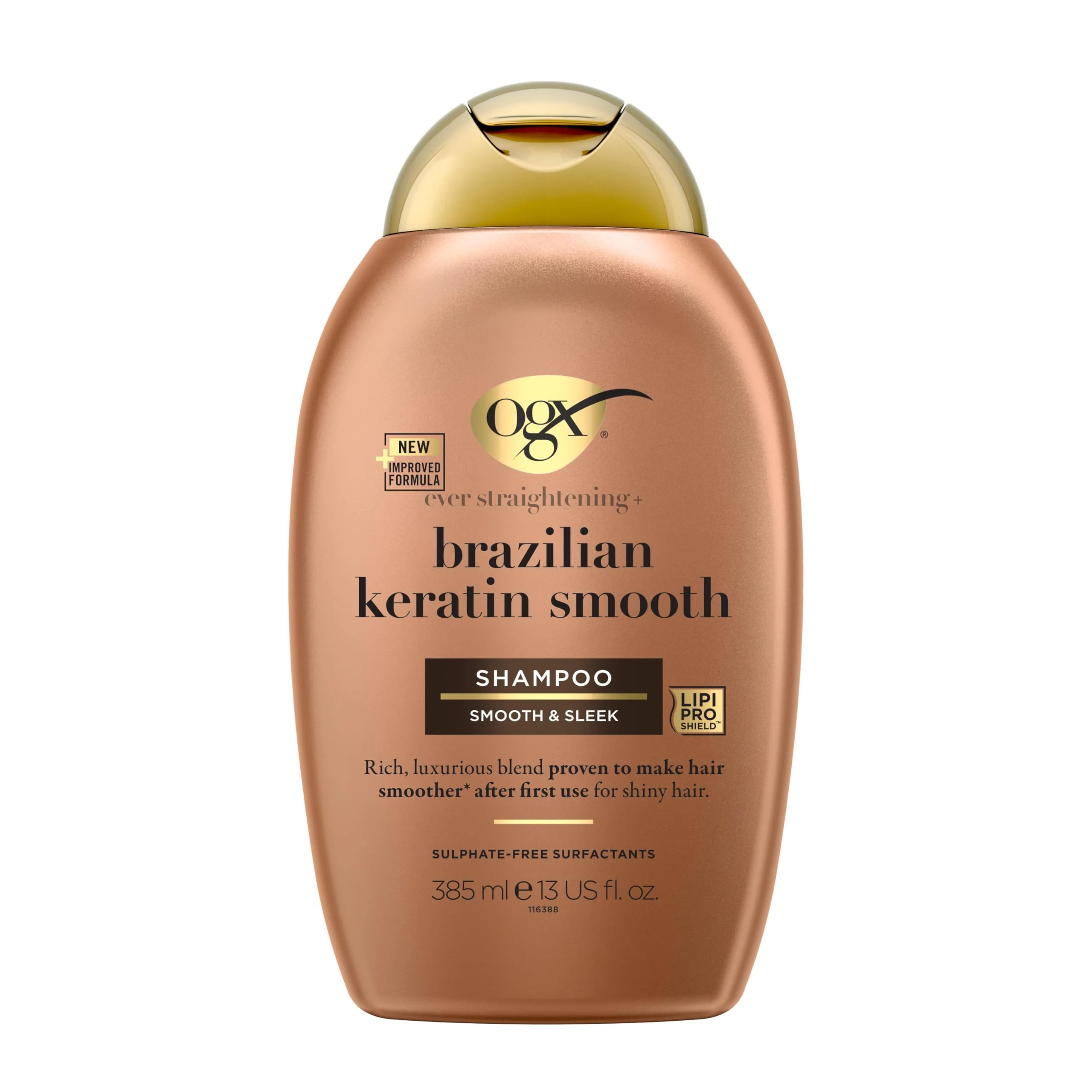 OGX Ever Straightening with Brazilian Keratin Smooth Shampoo, Smooth & Sleek, Makes Hair Smoother After the First Use, for Shiny Hair, Sulfate Free, 385ml