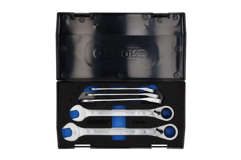 GEDORE Open-ended spanner set with ring ratchet, 5-pc. Set, AF 8-19 mm, Flat, Spanner set, 7 R-005