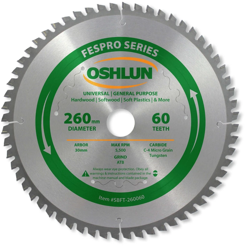 Oshlun SBFT-260060 260mm 60 Tooth FesPro General Purpose ATB Saw Blade with 30mm Arbor for Festool Kapex KS 120