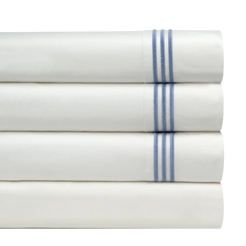 pointehaven Celeste Home 300 Thread Count 100-Percent Egyptian Cotton 3 Lines Embroidery Sheet Set, King, Blue - Image 1