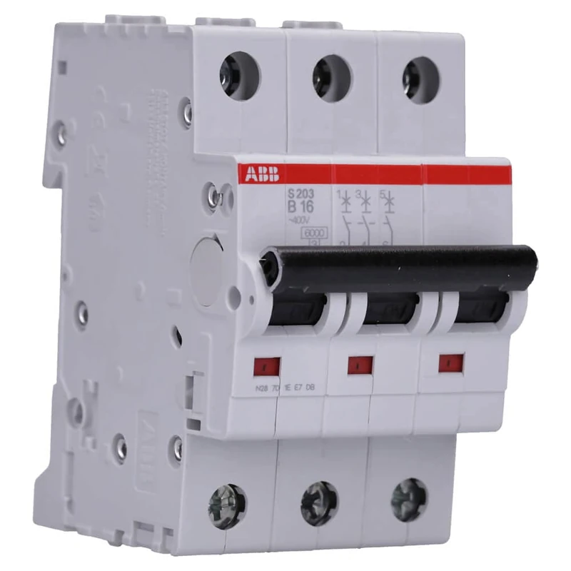 ABB S203-B16 Miniature Circuit Breaker, 3 Pole, Type B, 6/10kA Breaking Capacity, 16 Amp Current (2CDS253001R0165)
