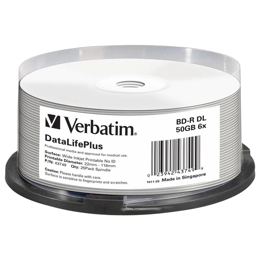 Verbatim 43749 50GB 6x BD-R DL Wide Printable - 25 Pack Spindle