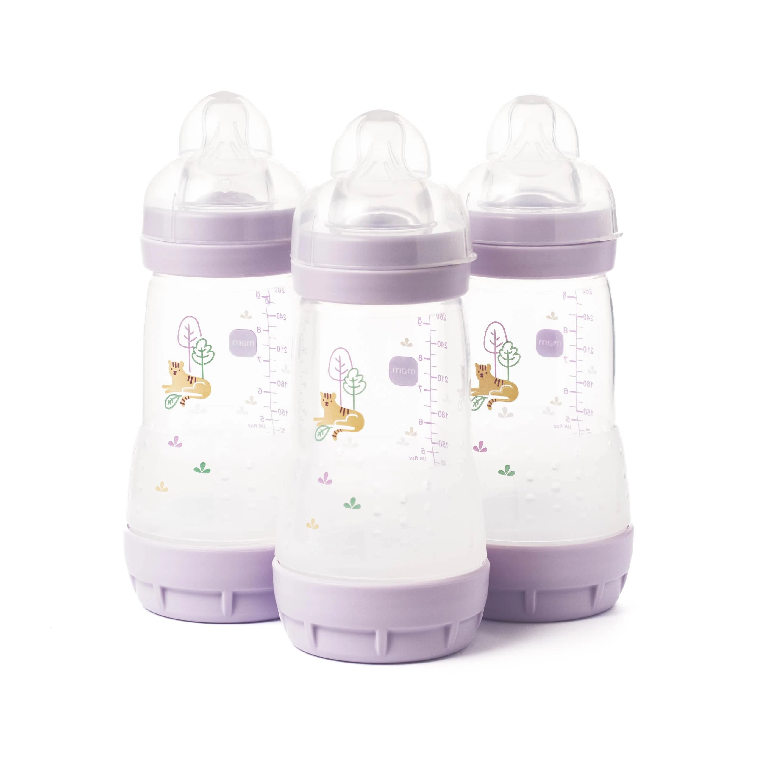 MAM Easy Start Anti-Colic Baby Bottles | 3 Pack (3 x 260) | Self-Sterilising Baby Milk Bottle | Medium Flow MAM Teats Size 2 | Newborn Essentials | Pink (Various Designs)