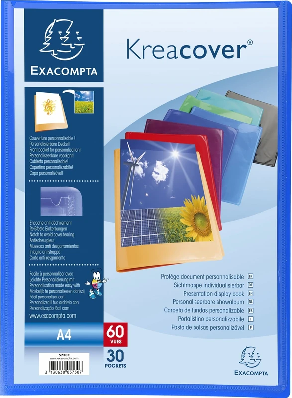 Exacompta - Ref 5730E- Kreacover Collection - Semi-Rigid Opaque PP Display Book - 240 x 320mm in Size, Suitable for A4 Documents, 30 Pockets - Assorted Colours (Pack of 12)