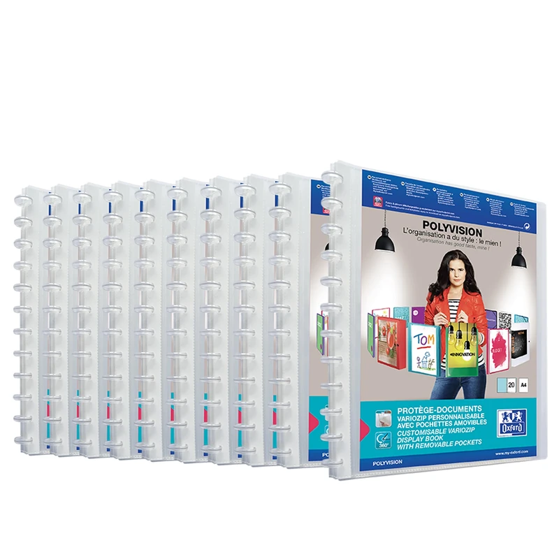 Oxford A4 Ring Binder Polyvision Presentation Book with 20 Pockets, Vario Zip, Interchangeable and Expandable, Transparent, Pack of 1