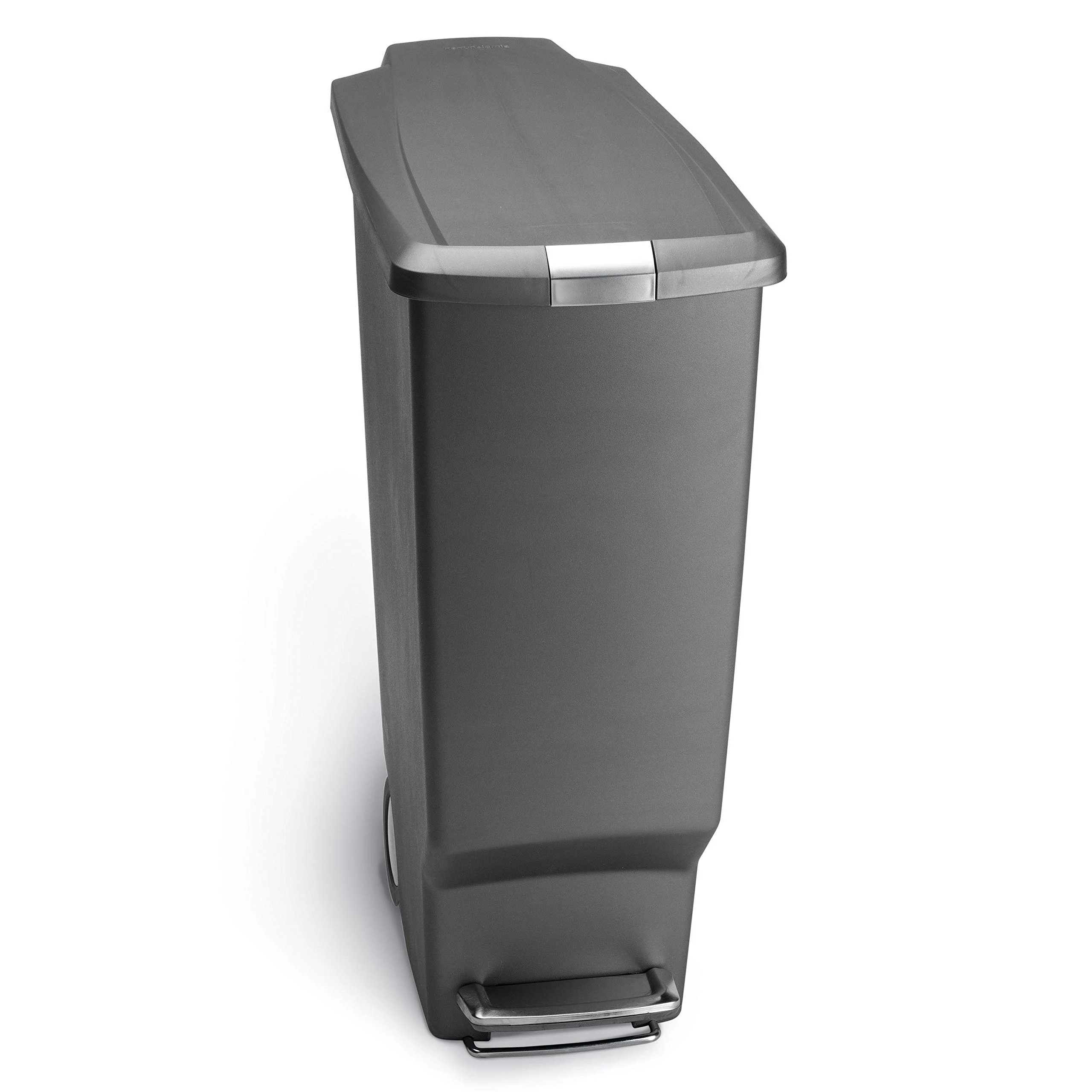 simplehuman CW1363 40L Slim Recycling Kitchen Pedal Bin with Lid Lock, Silent Soft Close Lid, Built In Wheels, Stay-Open Lid, Grey Plastic, W 26.0cm x H 64.0cm x D 49.0cm