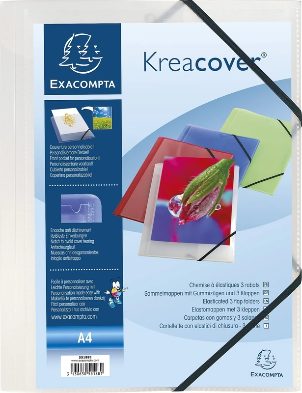 Exacompta - Ref. 55188E - Box of 25 Kreacover elastic folders - pockets with 3 flaps - in translucent polypropylene - dimensions 24 x 32 cm for A4 format documents - colorless