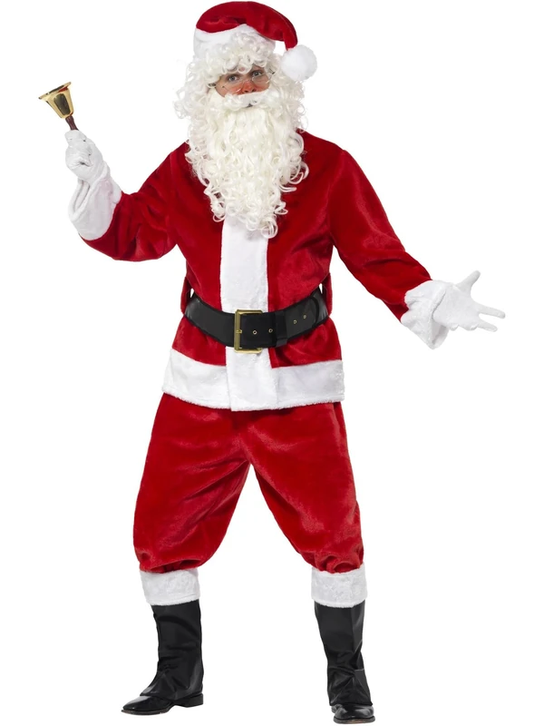 Smiffys Deluxe Santa Costume & Hat, Red with Jacket, Trousers, Belt, Gloves & Boot Covers, Christmas Adult Fancy Dress, Santa Dress Up Costumes Halloween